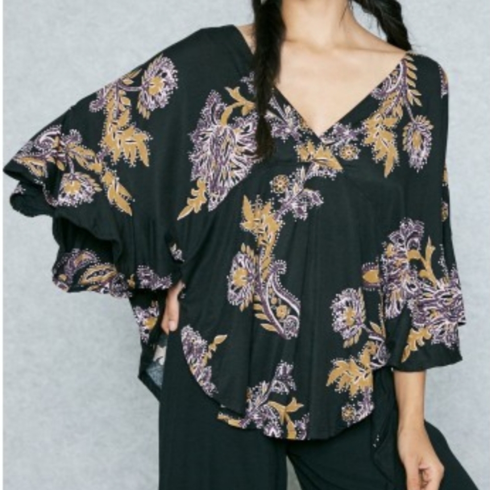 Free People Black and Gold Floral Blouse